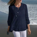 Cotton-Linen Lace Summer Blouse – ¾ Sleeve Casual Top-HighTouch