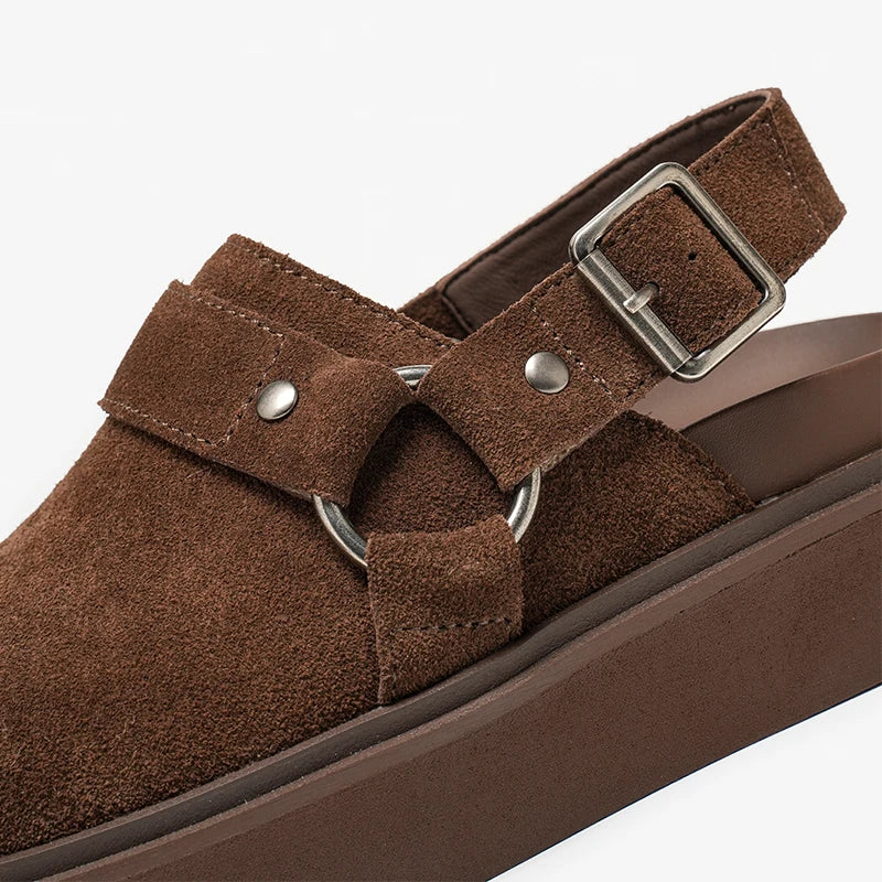 Leather Suede Sandals with Metal Ring Accent