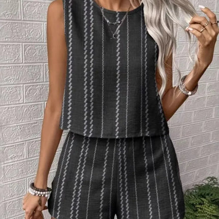 Striped Sleeveless O‑Neck Top & High‑Waist Shorts Set – Lightweight Summer Co‑Ord