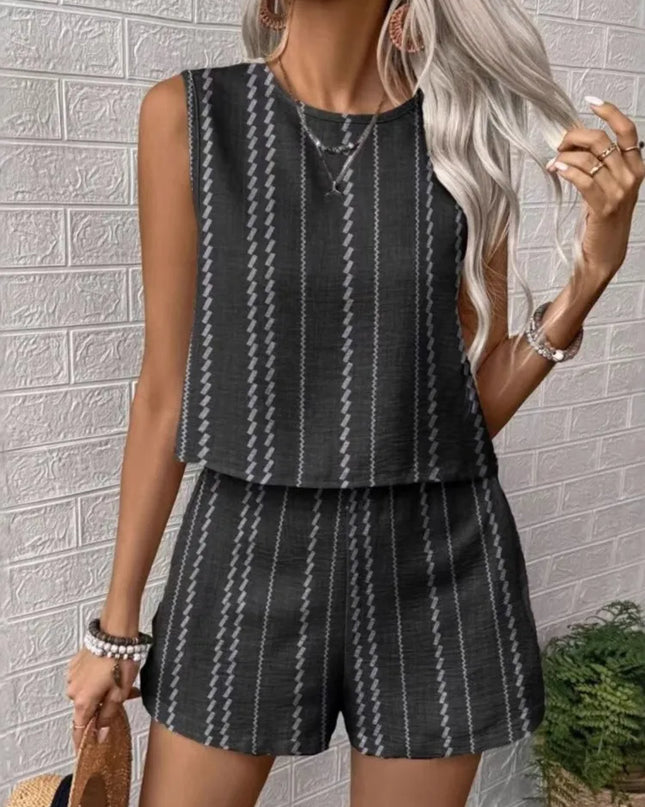 Striped Sleeveless O‑Neck Top & High‑Waist Shorts Set – Lightweight Summer Co‑Ord
