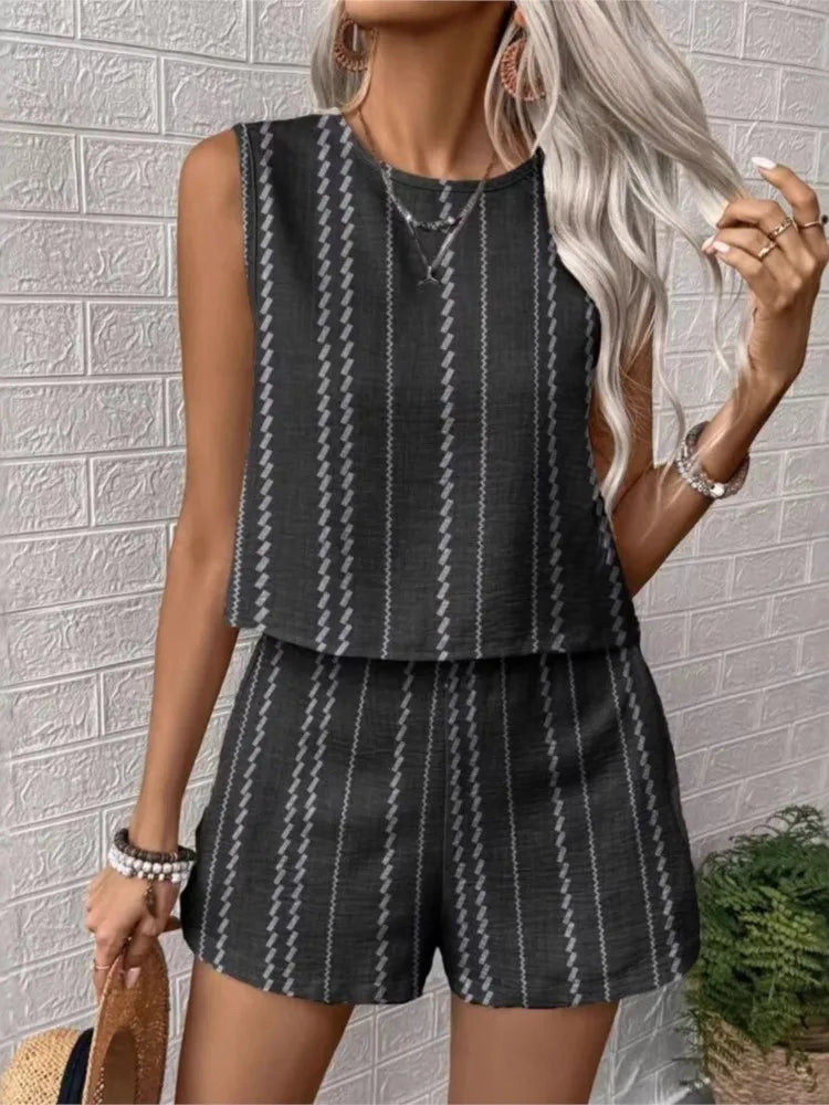 Striped Sleeveless O‑Neck Top & High‑Waist Shorts Set – Lightweight Summer Co‑Ord