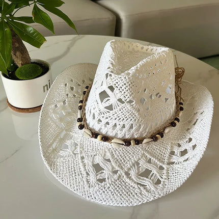 Bohemian Straw Cowboy Sun Hat – Wooden Beads
