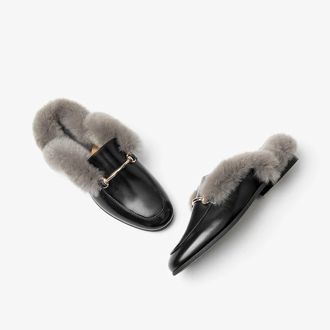 Beau Today Women's Calfskin Leather Mules with Rabbit Fur Lining