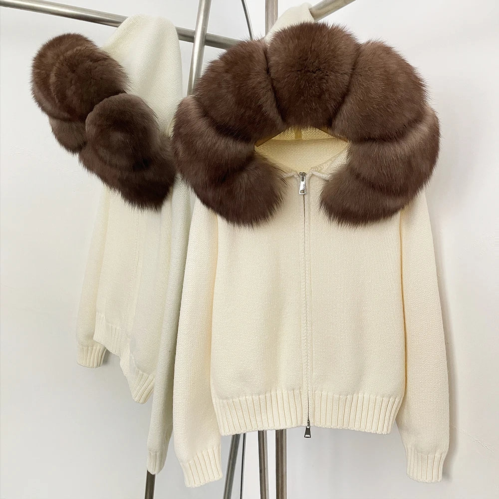 Women’s Hooded Knit Cardigan with Real Fox Fur – Casual Short Coat-HighTouch
