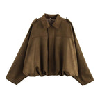 Women Oversized Suede Bomber Jacket Casual Zip Up-HighTouch
