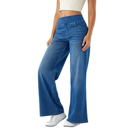 High-Waist Full-Length Solid Colour Jeans – Straight-Wide Leg with Elastic Waist & Pockets