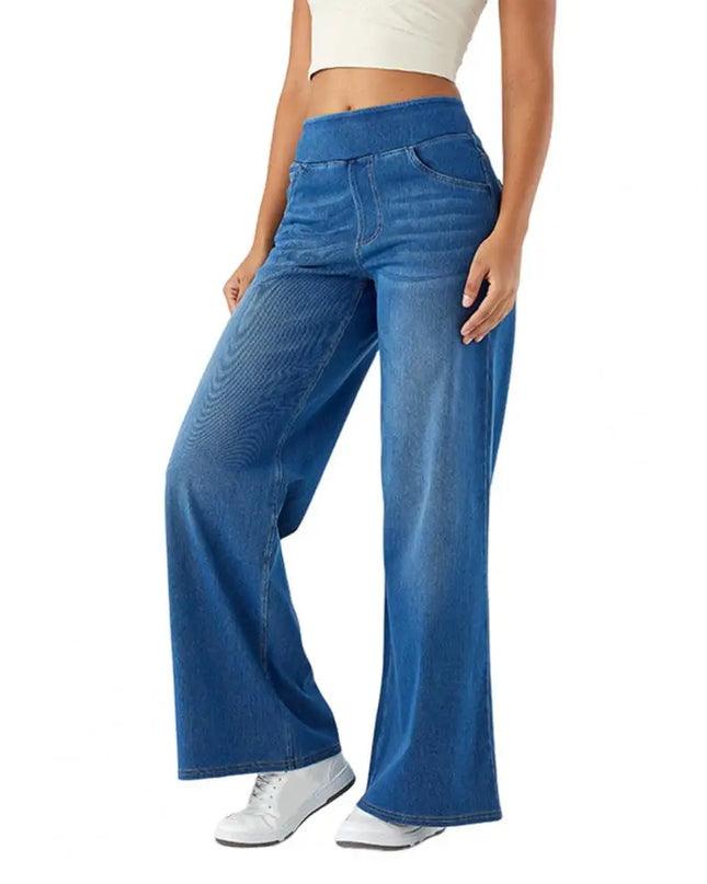High-Waist Full-Length Solid Colour Jeans – Straight-Wide Leg with Elastic Waist & Pockets