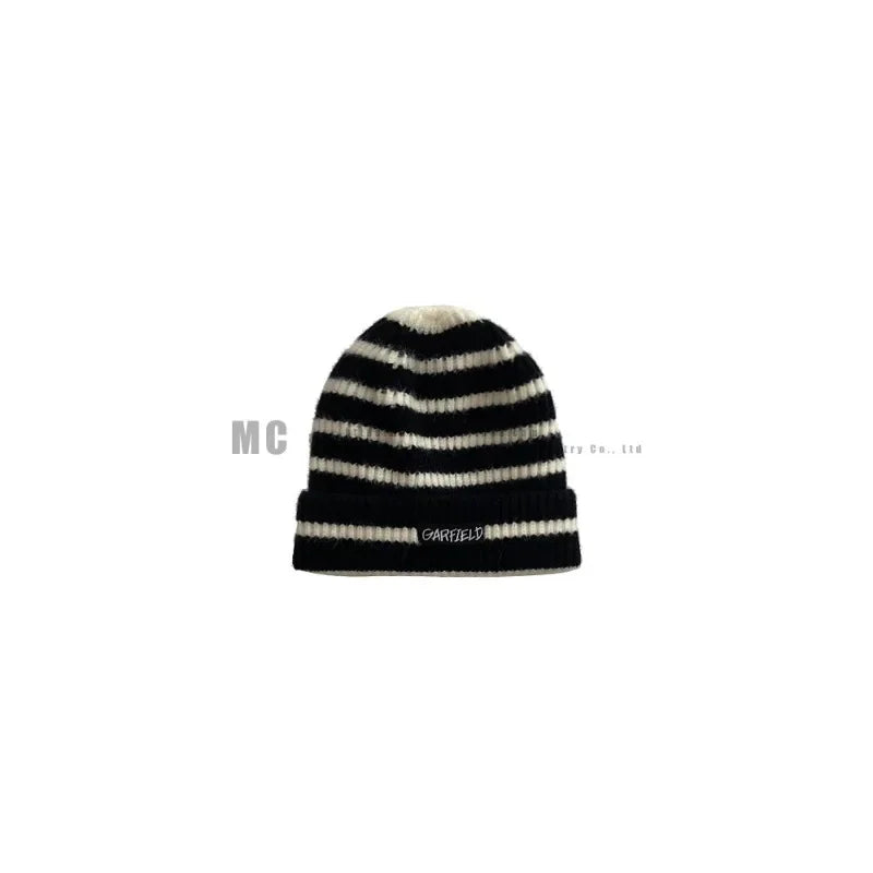 2025 Autumn/Winter Multi-Functional Solid Color Knitted Hat with Warm Hood and Striped Design