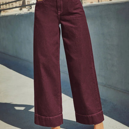 Burgundy High-Waist Wide-Leg Jeans Women