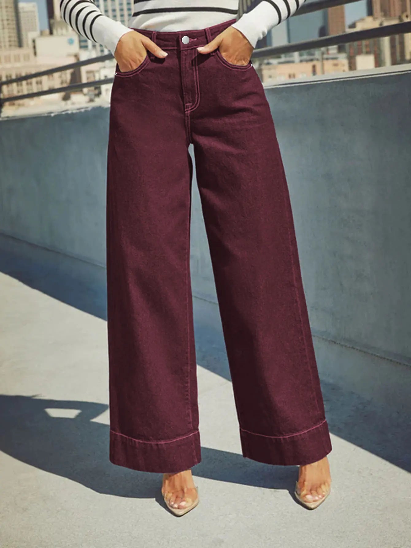 Burgundy High-Waist Wide-Leg Jeans Women