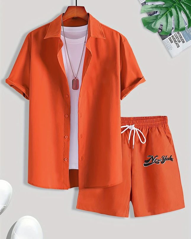 Men’s Solid Color Hawaiian Shirt & Shorts Set – Oversized Summer 2-Piece
