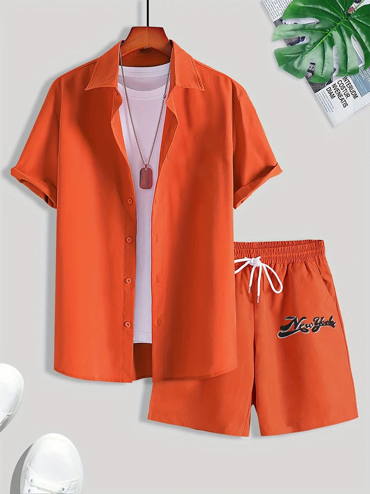 Men’s Solid Color Hawaiian Shirt & Shorts Set – Oversized Summer 2-Piece