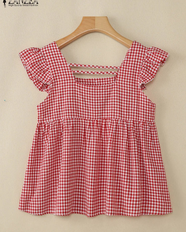 Plaid Ruffle Sleeveless Tunic – Women’s Summer Square Neck Camisole
