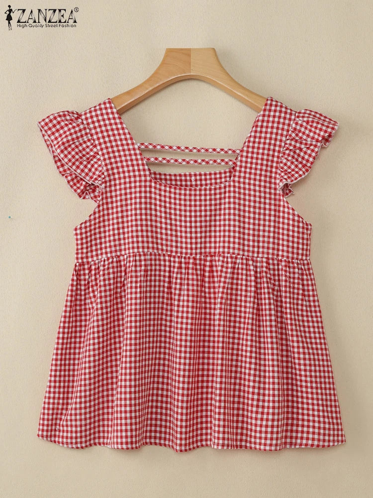 Plaid Ruffle Sleeveless Tunic – Women’s Summer Square Neck Camisole-HighTouch