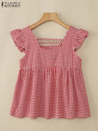 Plaid Ruffle Sleeveless Tunic – Women’s Summer Square Neck Camisole-HighTouch