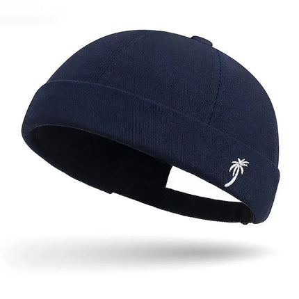 Vintage Washed Cotton Brimless Beanie Hat – Embroidered Coconut Tree (Unisex Adjustable)