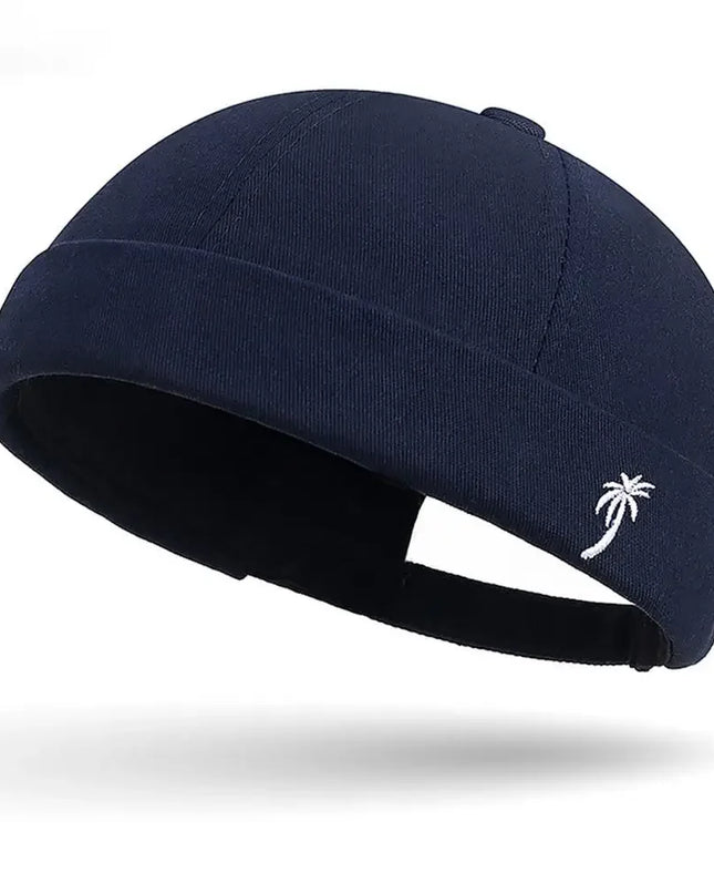 Vintage Washed Cotton Brimless Beanie Hat – Embroidered Coconut Tree (Unisex Adjustable)