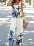 Simple Sleeveless Printed Vest Long Pants Set