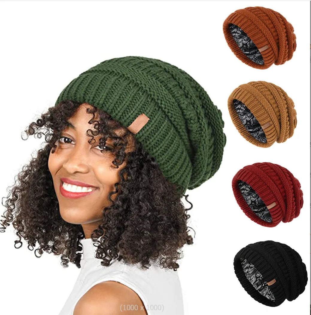 Satin-Lined Knitted Beanie Hat