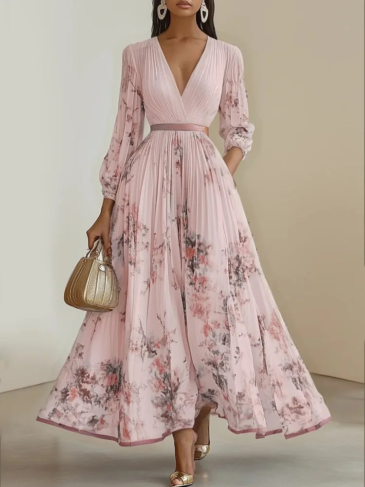 Bohemian Summer Beach Dress – Sleeveless Floral Print V-Neck Flowy Max – HighTouch