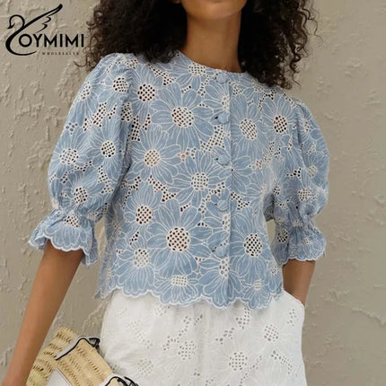 Elegant Blue Print Cotton Shirt – Hollow-Out O-Neck Blouse for Women