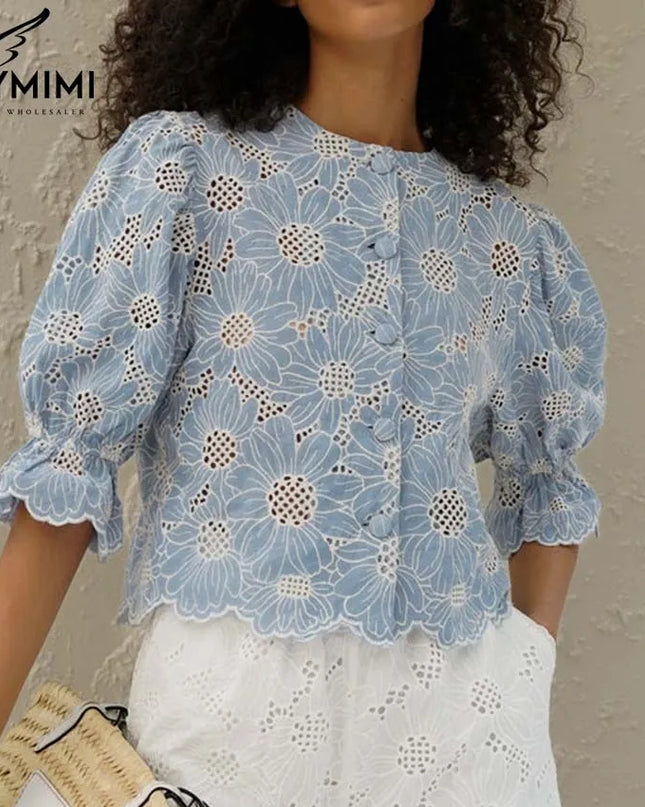 Elegant Blue Print Cotton Shirt – Hollow-Out O-Neck Blouse for Women