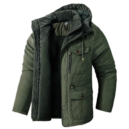 Men’s Hooded Fleece-Lined Cotton Parka – Thickened Mid-Length Winter Coat with Multi-Pockets
