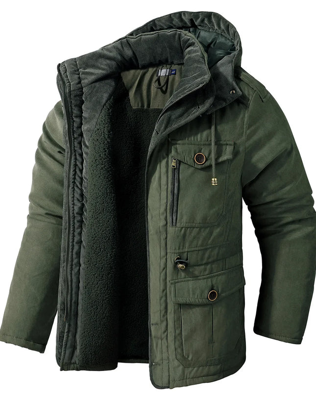 Men’s Hooded Fleece-Lined Cotton Parka – Thickened Mid-Length Winter Coat with Multi-Pockets