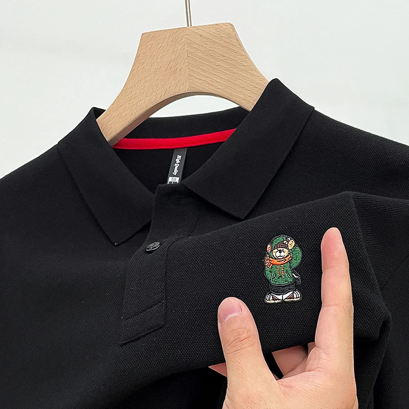 Bear-Embroidered 100% Cotton Long-Sleeve Polo – Spring/Autumn Men’s-HighTouch
