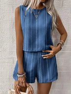 Striped Sleeveless O‑Neck Top & High‑Waist Shorts Set – Lightweight Summer Co‑Ord-HighTouch