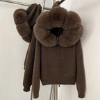 Women’s Hooded Knit Cardigan with Real Fox Fur – Casual Short Coat-HighTouch
