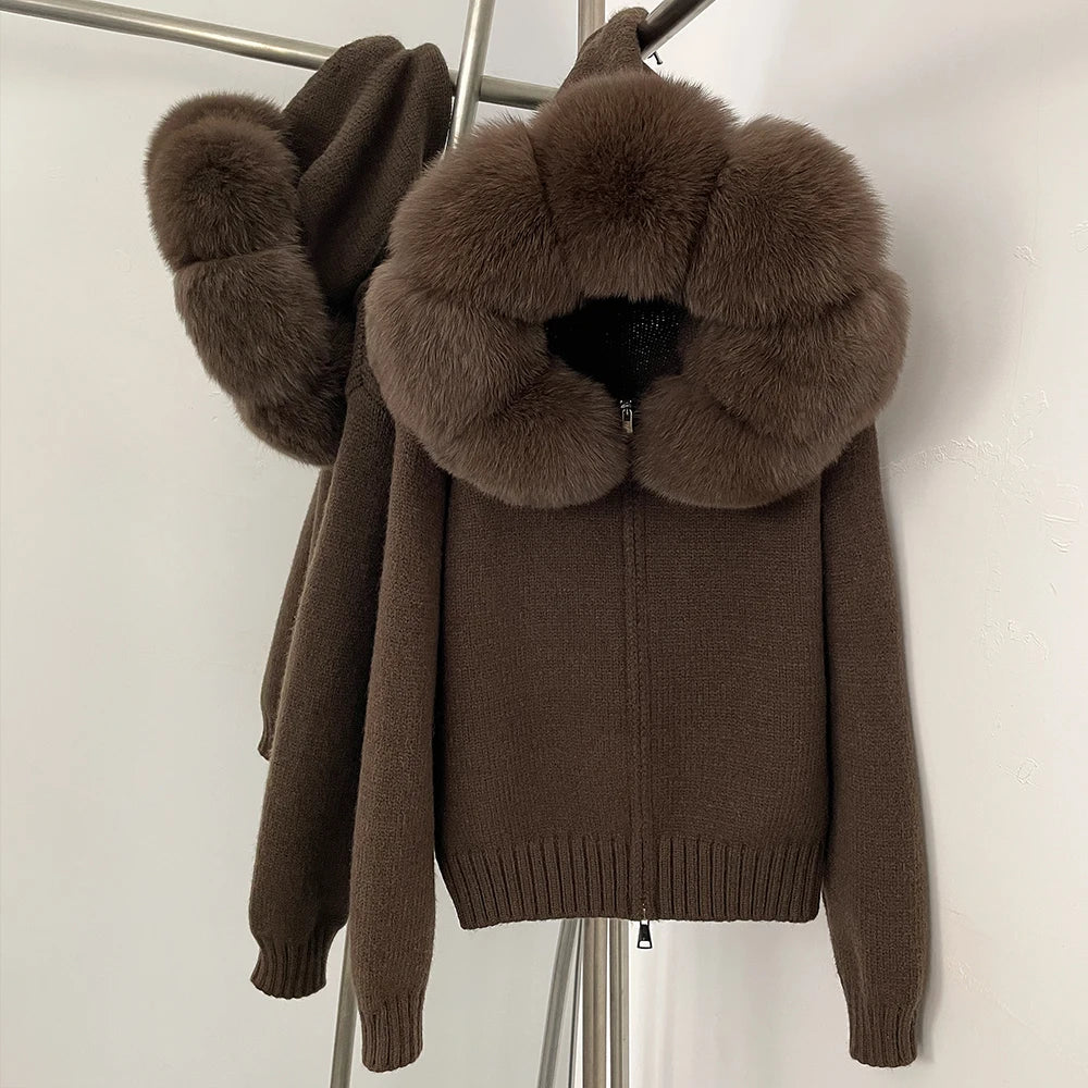 Women’s Hooded Knit Cardigan with Real Fox Fur – Casual Short Coat-HighTouch