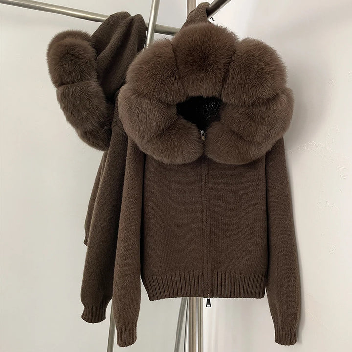 Women’s Hooded Knit Cardigan with Real Fox Fur – Casual Short Coat-HighTouch