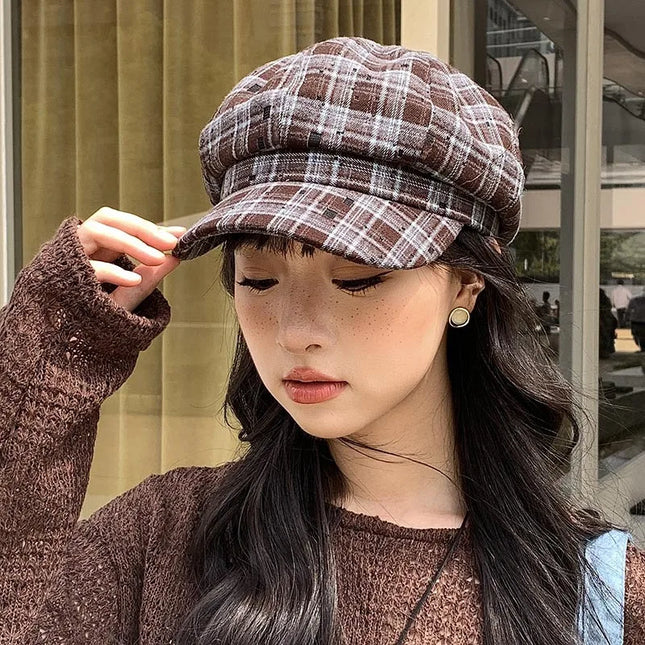 Vintage Plaid Octagonal Beret Hat for Women