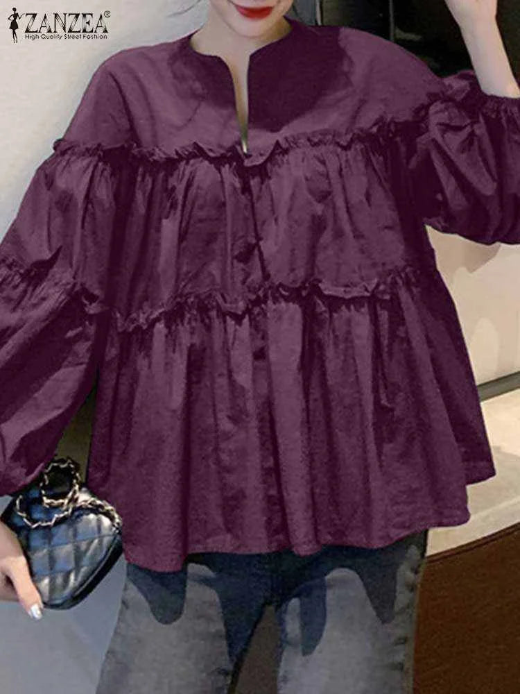 Zanzea Elegant Puff Sleeve Ruffle Blouse – Women’s Tunic Shirt