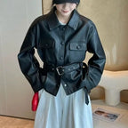Retro Polo‑Collar Belted Leather Moto Jacket for Women-HighTouch