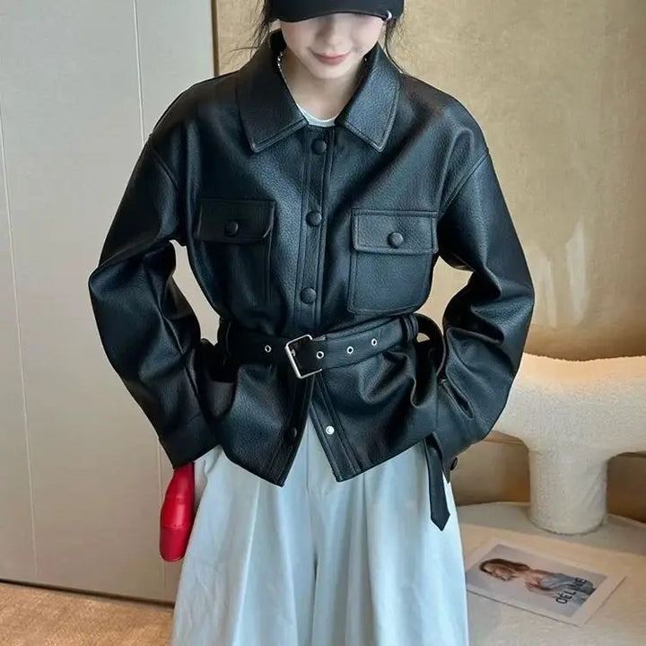 Retro Polo‑Collar Belted Leather Moto Jacket for Women-HighTouch