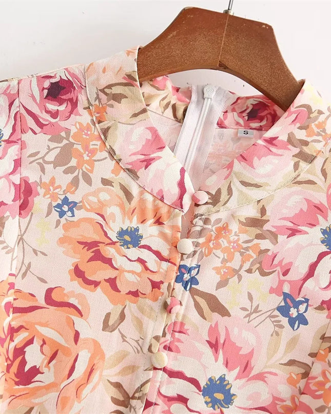 Zach Ailsa Stand-Collar Long-Sleeve Printed with Belt Shirt Style Dress