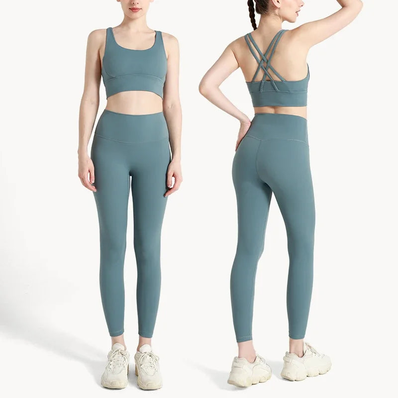 Summer New 2 Piece Yoga Clothes Women's Tracksuit Athletic Cross Back Nylon Yoga Top Women Sports Bra Leggings Pilates Fitness-HighTouch