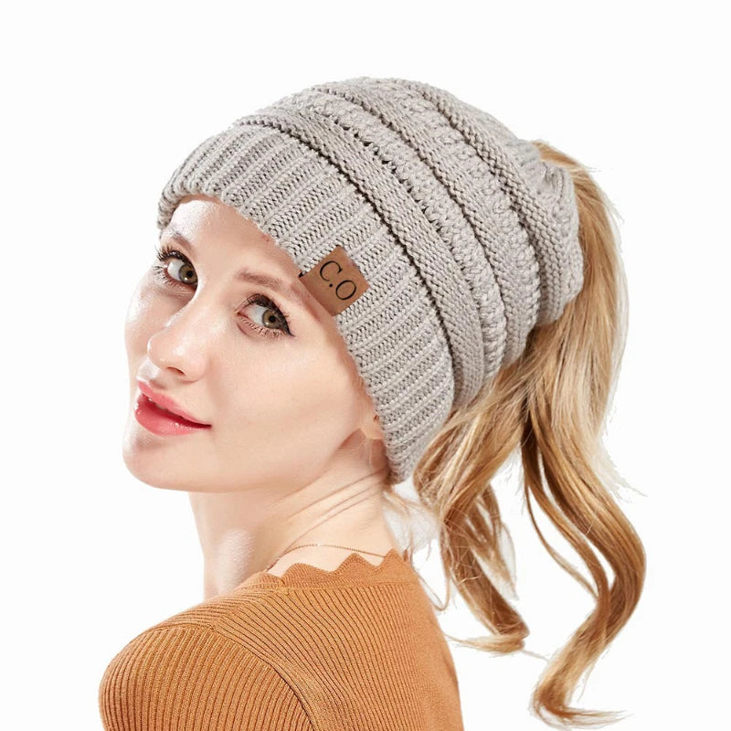 Soft Stretch Knit Messy Bun Beanie-HighTouch