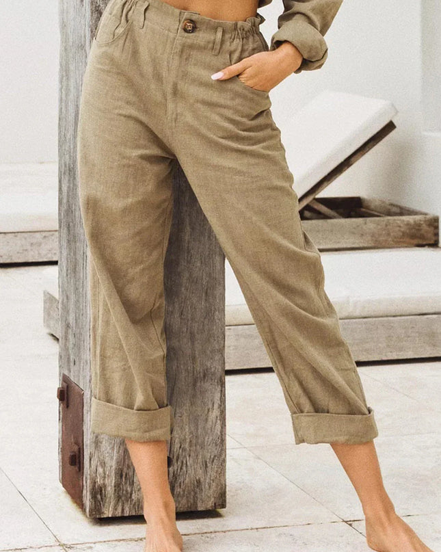 Spring Cotton-Linen Women’s Loose Button Pockets Pants – Elegant & Breathable