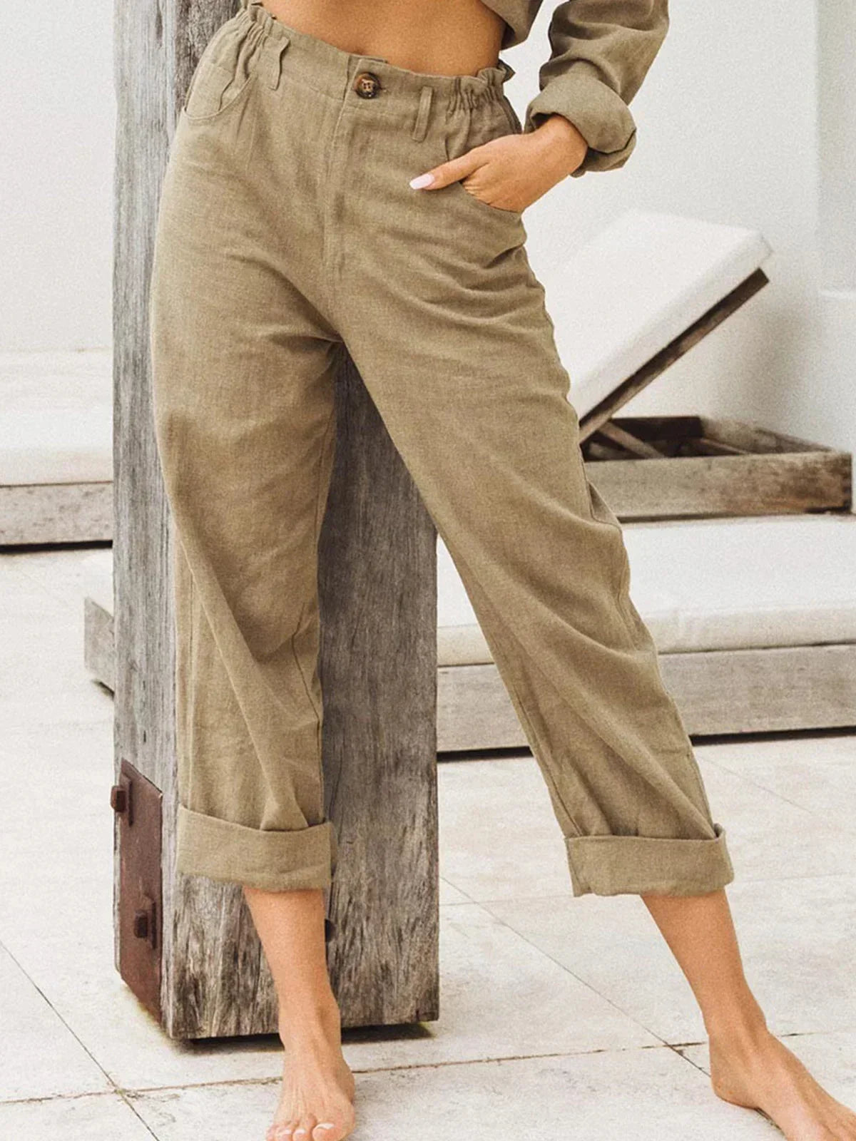 Spring Cotton-Linen Women’s Loose Button Pockets Pants – Elegant & Breathable