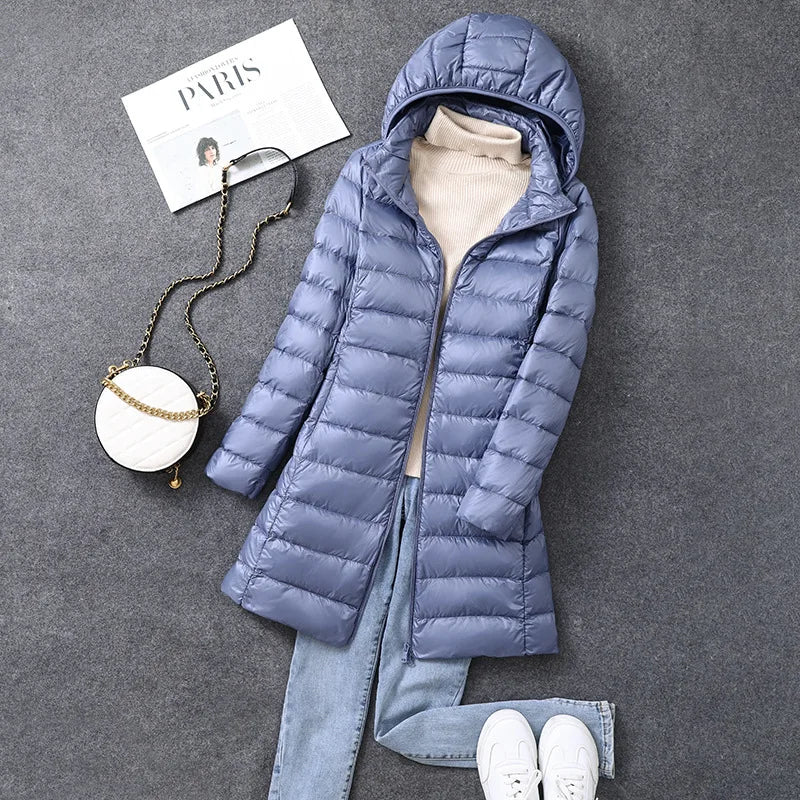 Women's X-Long Office Lady Hat Detachable Puffer Jacket