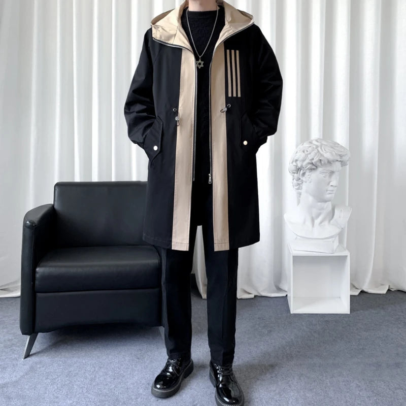 Colour-Blocked Hooded Overcoat Men's Jacket-HighTouch