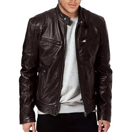 Slim Fit PU Stand Collar Jacket – Autumn Motorcycle Coat for Men