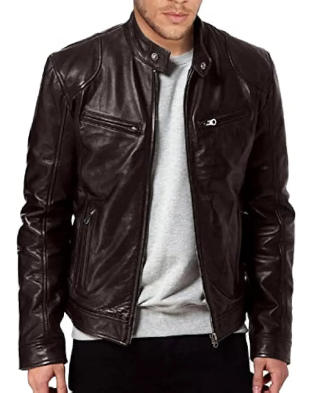 Slim Fit PU Stand Collar Jacket – Autumn Motorcycle Coat for Men