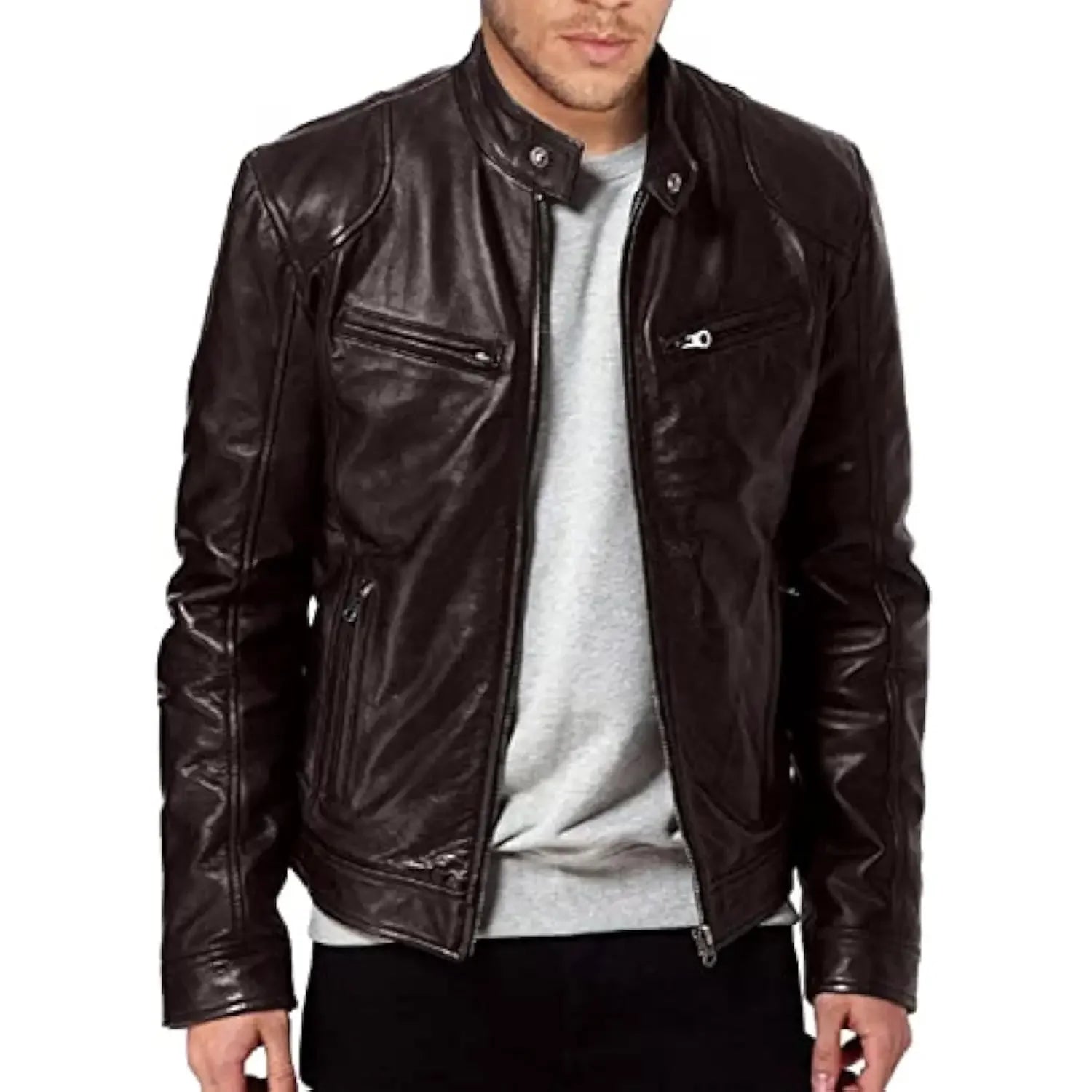 Slim Fit PU Stand Collar Jacket – Autumn Motorcycle Coat for Men-HighTouch