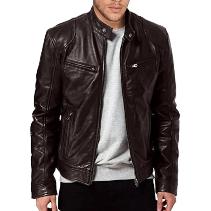 Slim Fit PU Stand Collar Jacket – Autumn Motorcycle Coat for Men-HighTouch