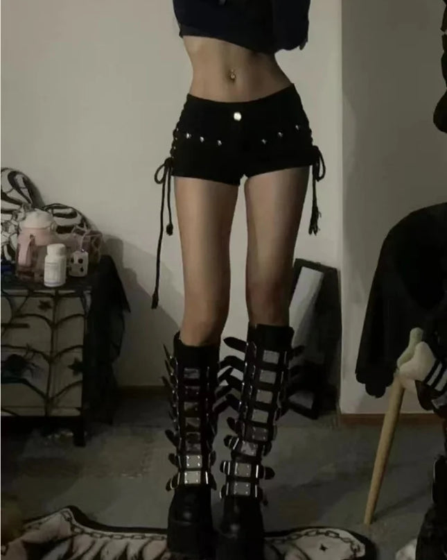 Rock Retro Vibes in Sexy Lace-Up Skinny Shorts