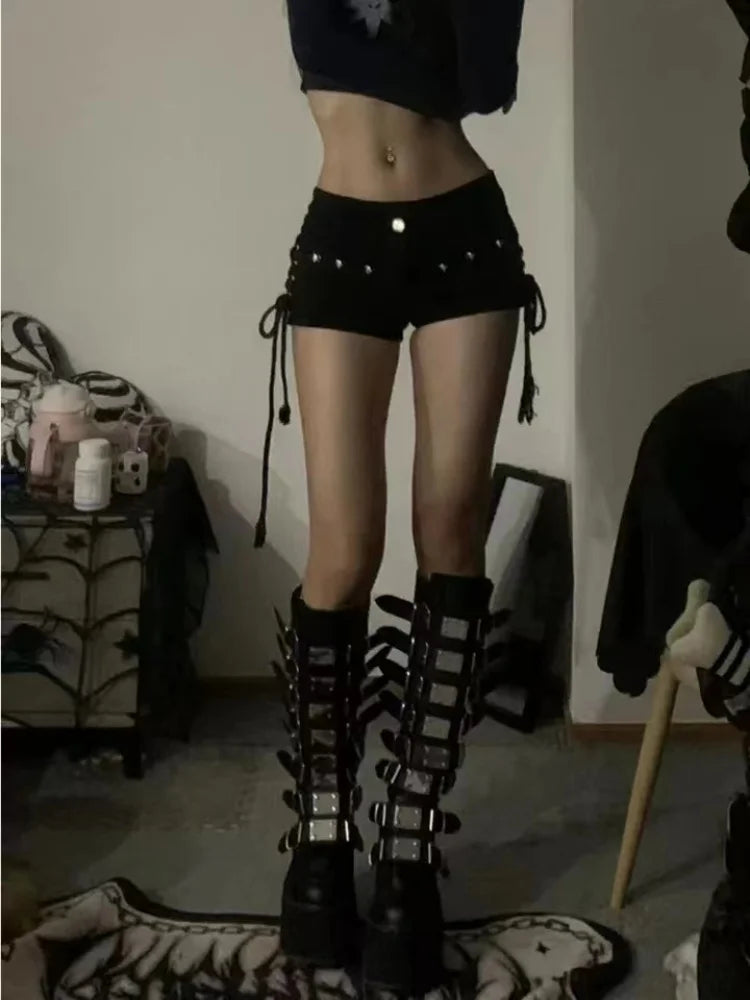 Rock Retro Vibes in Sexy Lace-Up Skinny Shorts-HighTouch